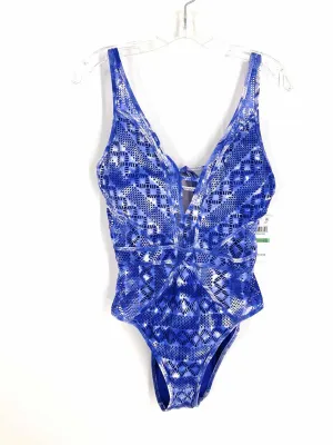 Becca Größe L Blau/Weiß bedrucktes Mesh NEUE Badebekleidung Badeanzug