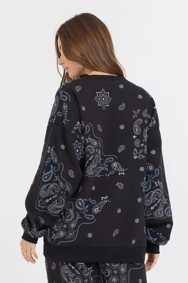 Schwarzes Bandana-Print Fleece Pullover