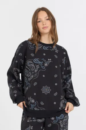 Schwarzes Bandana-Print Fleece Pullover
