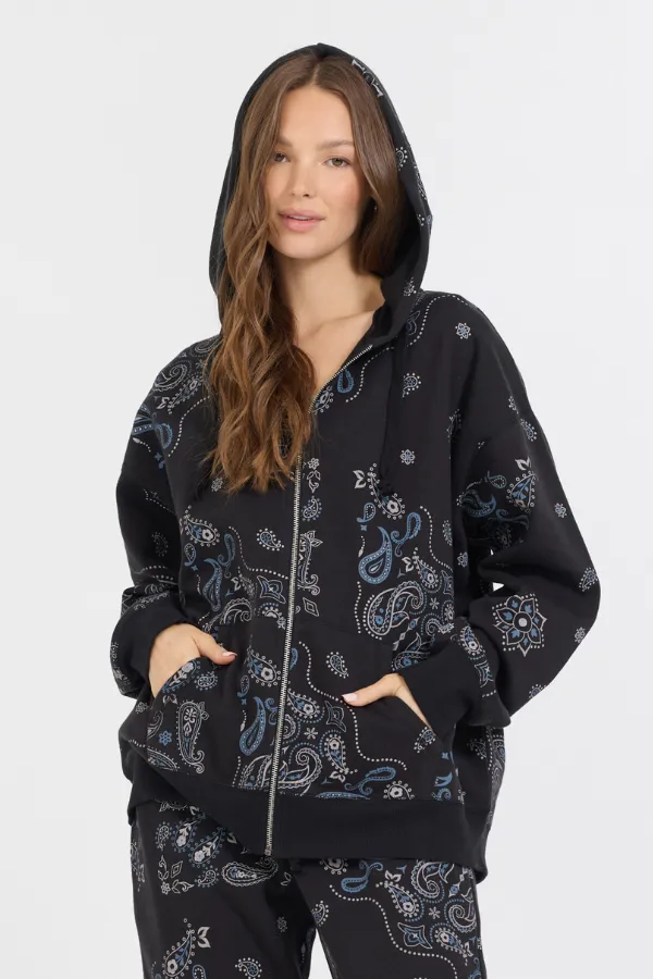 Übergroße Fleecejacke mit Reißverschluss und schwarzem Bandana-Print