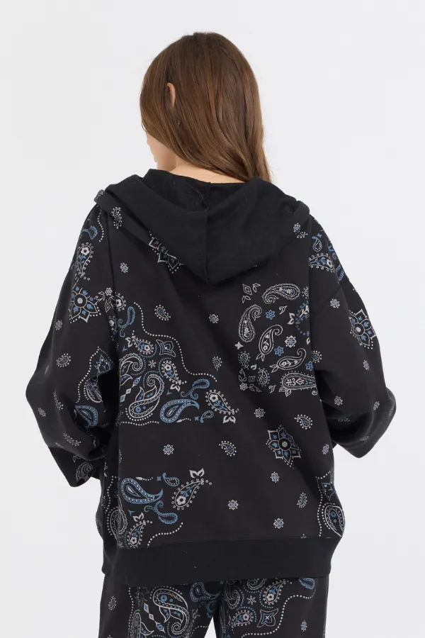 Übergroße Fleecejacke mit Reißverschluss und schwarzem Bandana-Print