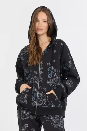Übergroße Fleecejacke mit Reißverschluss und schwarzem Bandana-Print
