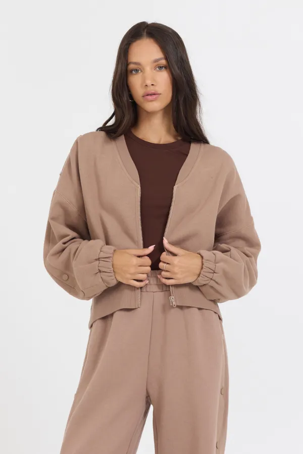 Karamell-Latte-Brush-Fleece-Reißverschlussjacke mit Knöpfen an den Ärmeln