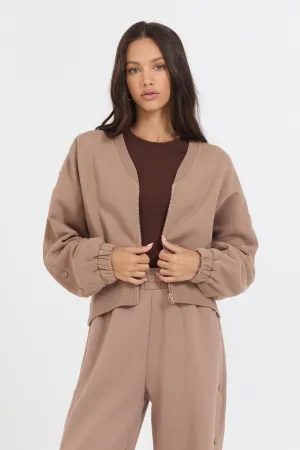 Karamell-Latte-Brush-Fleece-Reißverschlussjacke mit Knöpfen an den Ärmeln
