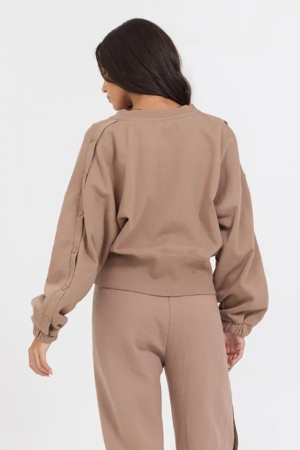 Karamell-Latte-Brush-Fleece-Reißverschlussjacke mit Knöpfen an den Ärmeln