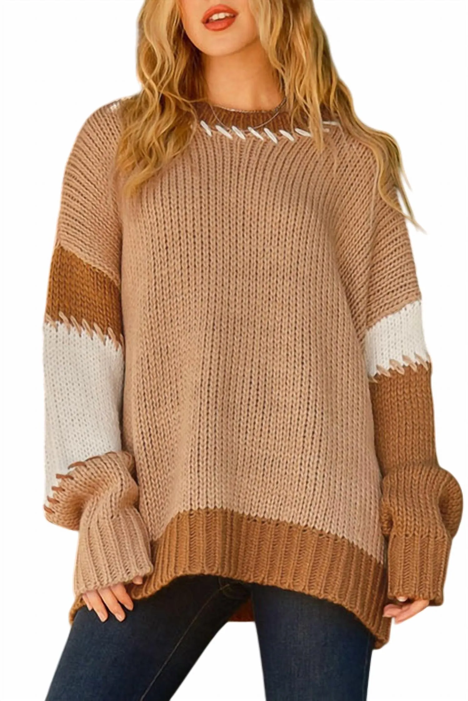 Pullover mit Kontraststich-Farbblock in hellem Französisch-Beige