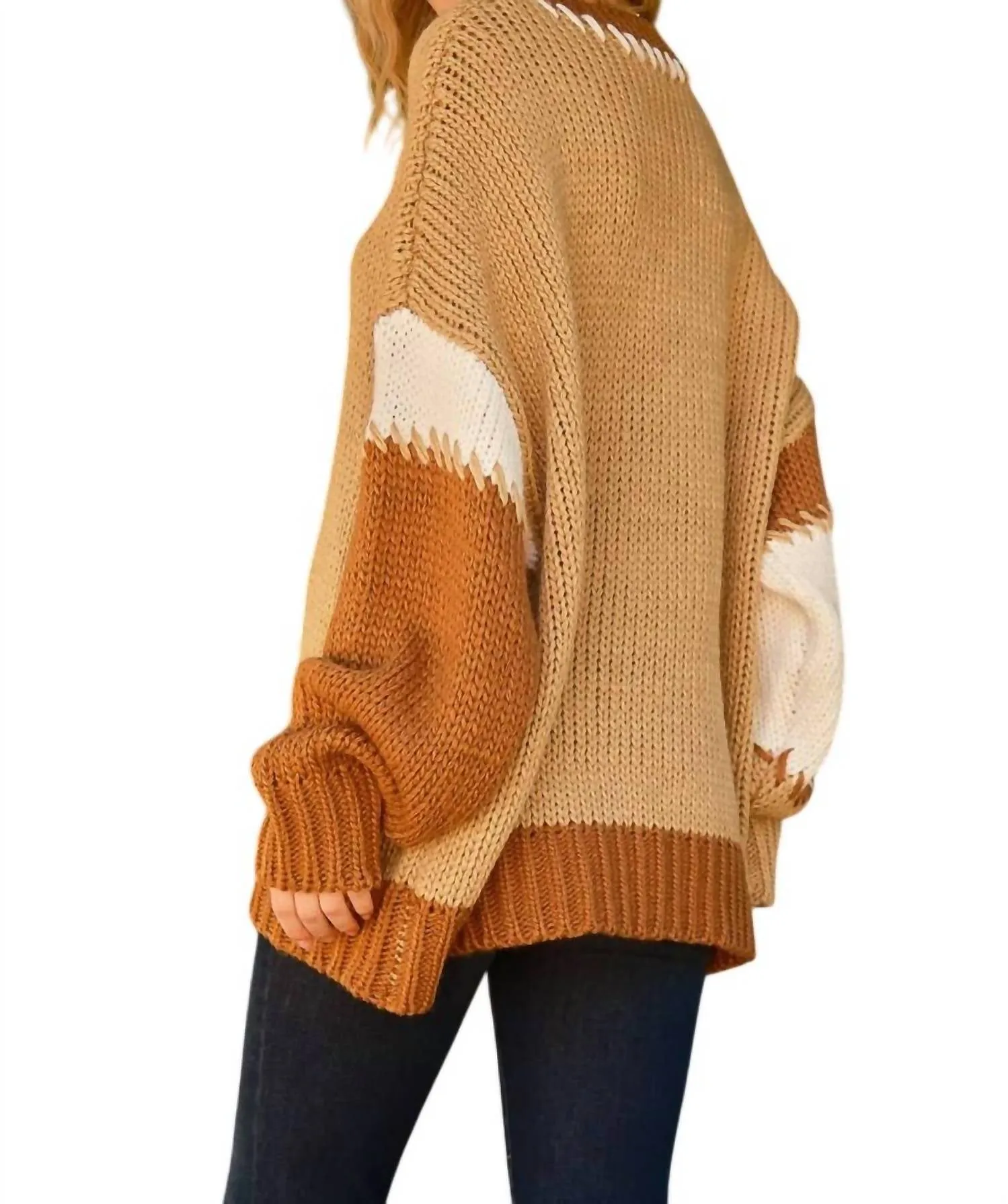 Pullover mit Kontraststich-Farbblock in hellem Französisch-Beige