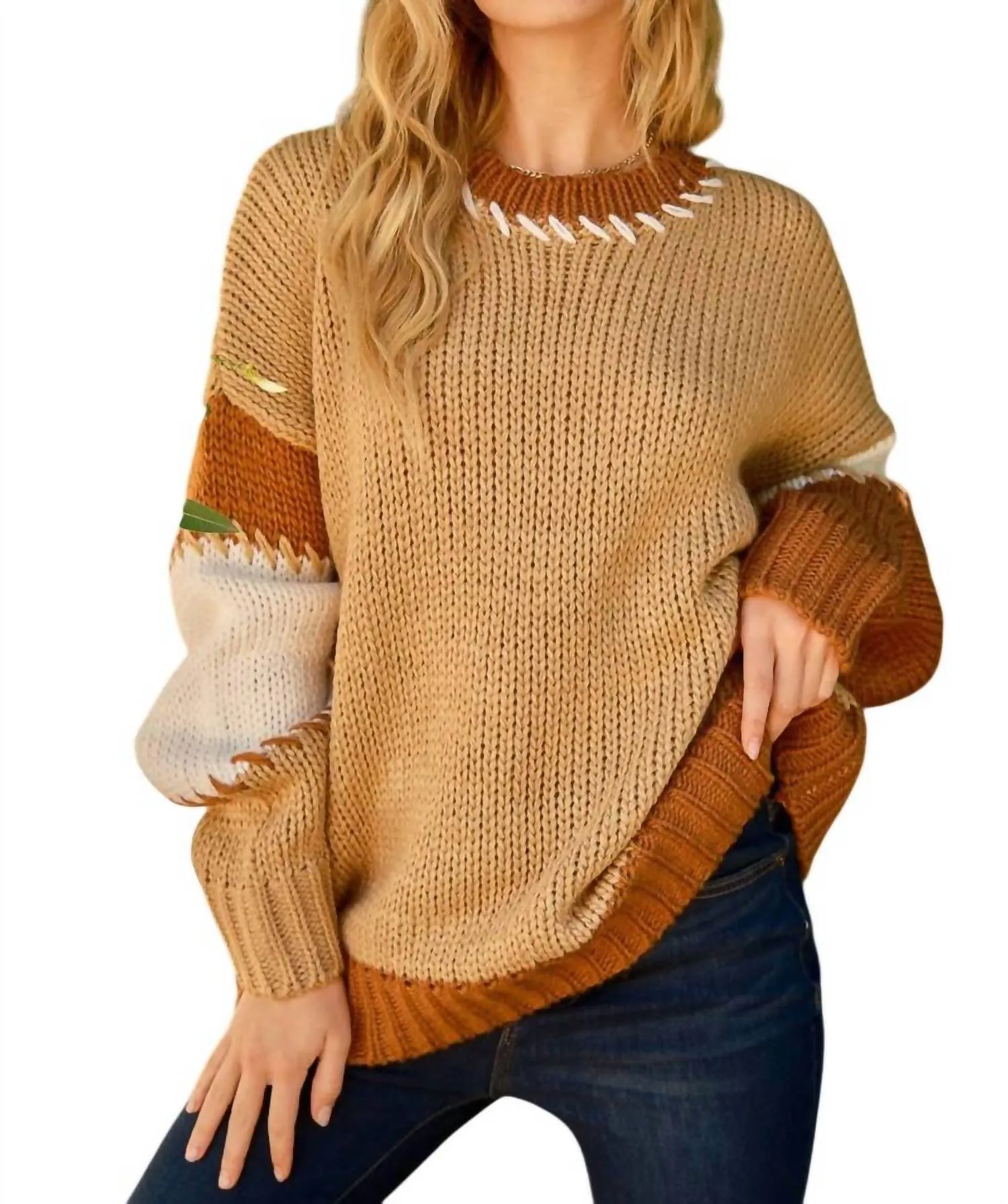 Pullover mit Kontraststich-Farbblock in hellem Französisch-Beige