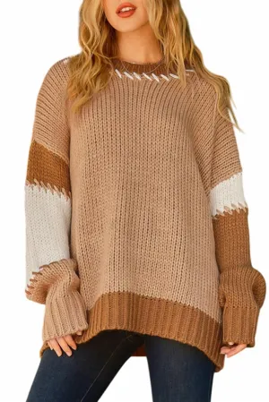 Pullover mit Kontraststich-Farbblock in hellem Französisch-Beige