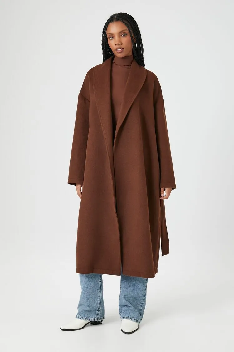 Forever 21 Damen Langschwanzmantel mit gebürstetem Stoff und Bindegürtel in Braun Forever 21
