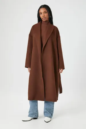 Forever 21 Damen Langschwanzmantel mit gebürstetem Stoff und Bindegürtel in Braun Forever 21