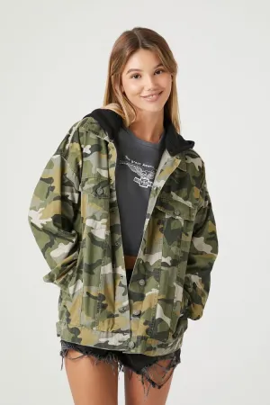 Forever 21 Damen Camouflage-Druck Kapuzen-Kombi-Jacke Grün/Mehrfarbig Forever 21