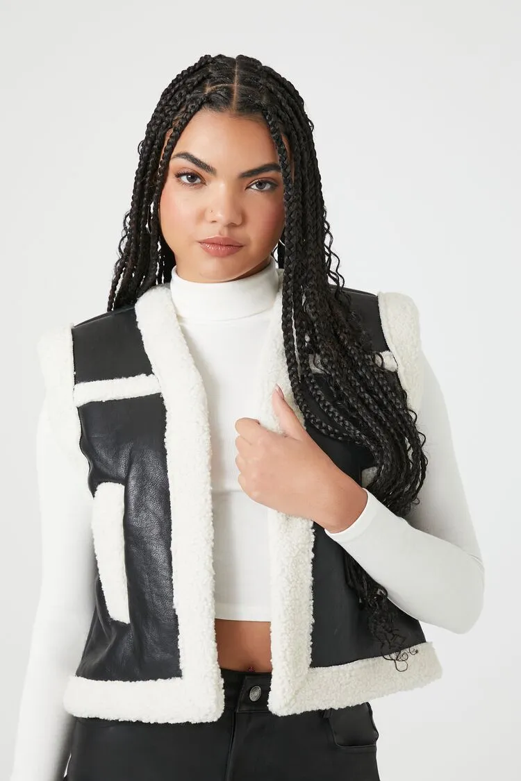 Forever 21 Damen Cropped Kunstfell/Sherpa-Besatz Weste Schwarz Forever 21