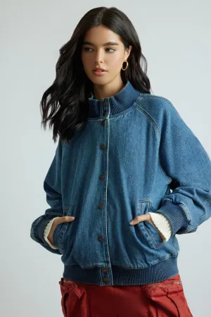 Forever 21 Damen Denim Bomberjacke Medium Denim Forever 21