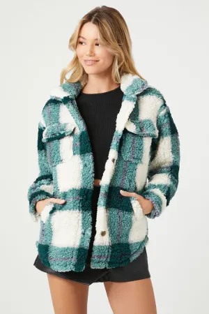 Forever 21 Damen Kunst-Sherpa-Karo-Jacke in Olive/Mehrfarbig Forever 21
