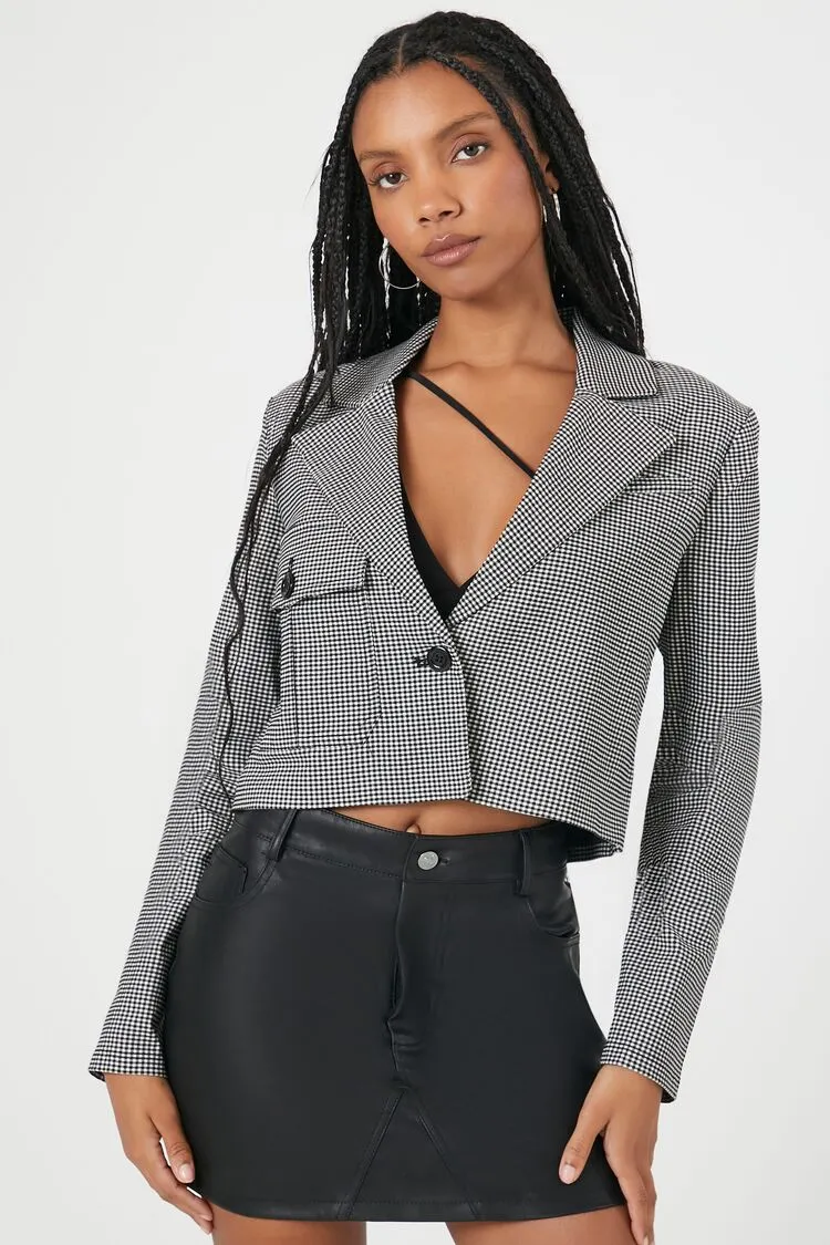 Forever 21 Damen Jacquard Karo Cropped Blazer Schwarz/Weiß Forever 21