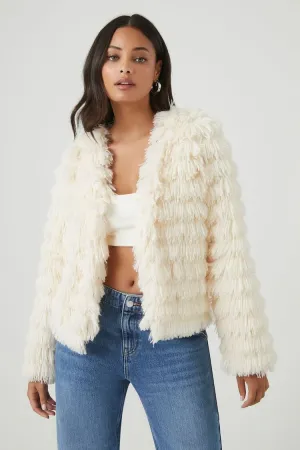 Forever 21 Frauen Shaggy Etagen-Fransenjacke Creme Forever 21