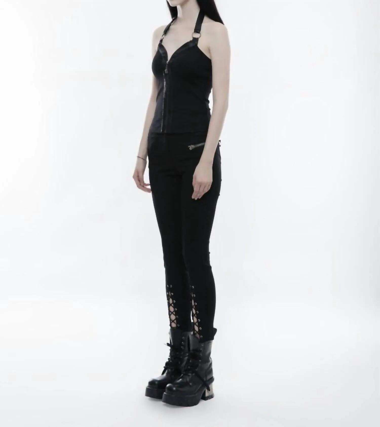 Halter Zip Up Punk Weste In Schwarz