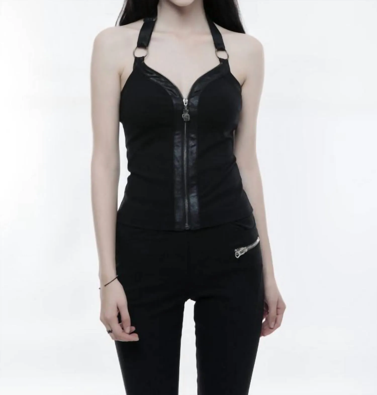 Halter Zip Up Punk Weste In Schwarz