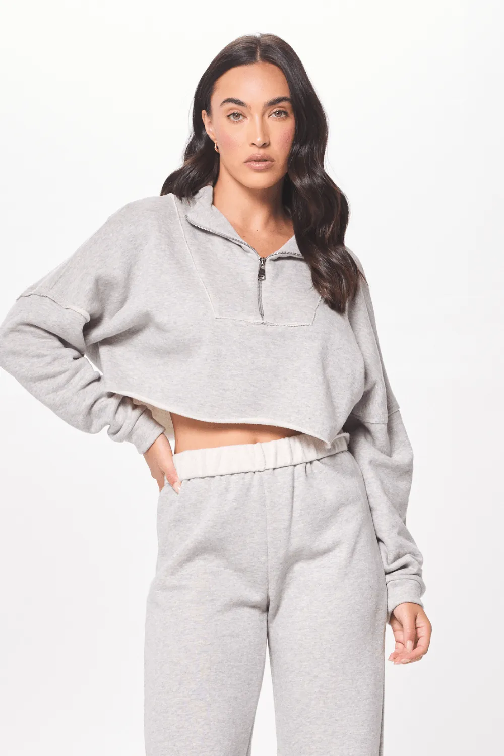 Hunter Grauer Fleece Viertelzip mit Rohkante