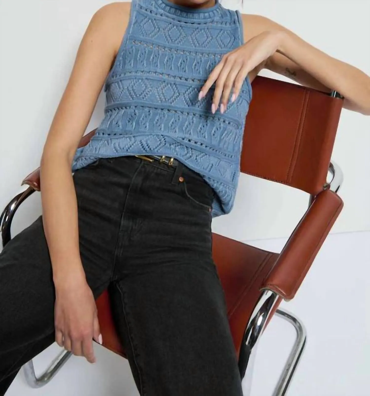 Lina Pointelle Top In Ausgewaschenem Denim
