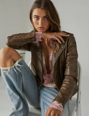 Lucky Brand Klassische Leder-Motorradjacke Braun Beige Lucky Brand