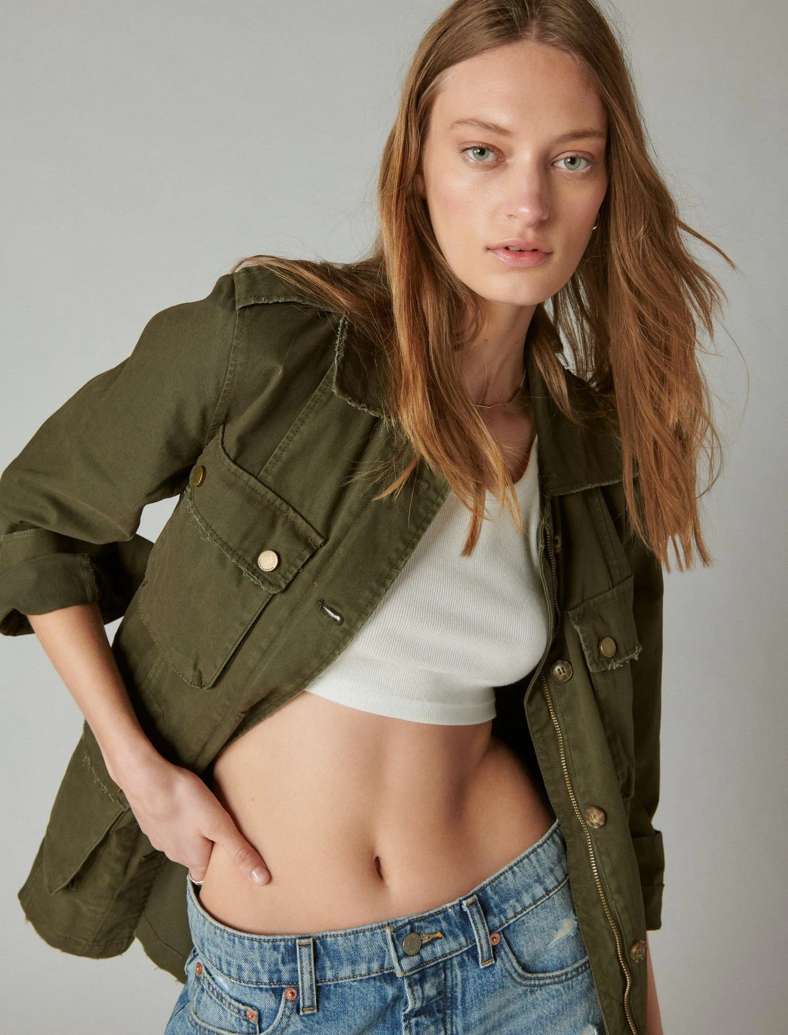 Lucky Brand Distressed Utility Jacket Offen Grün Lucky Brand