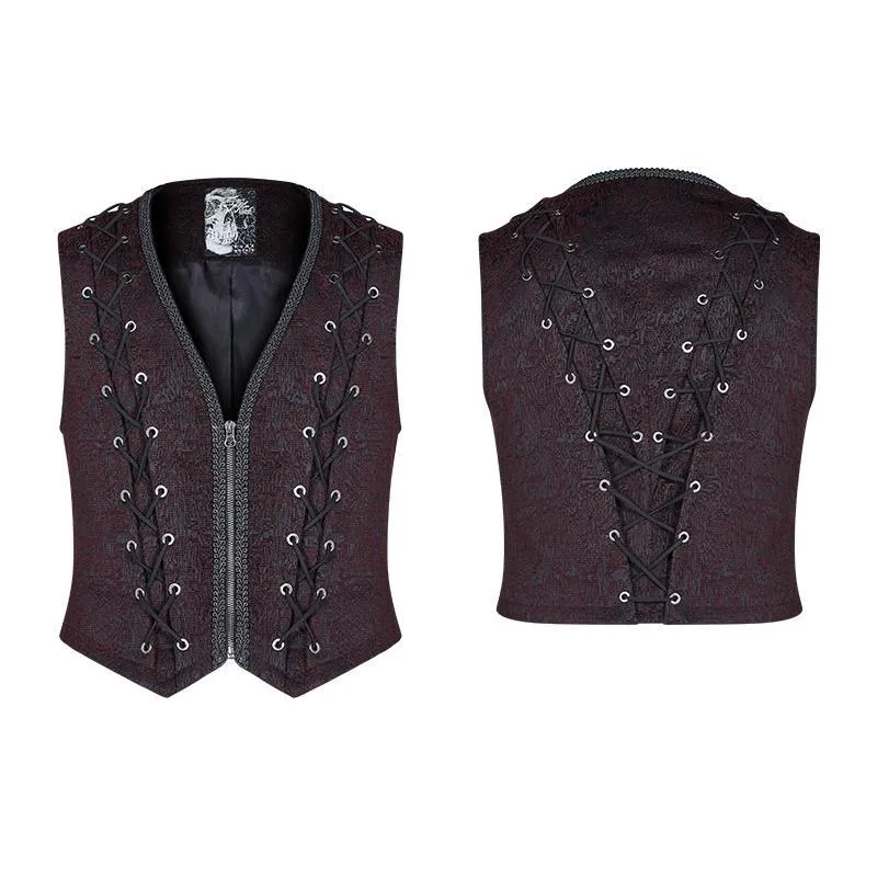 Herren Steampunk Weste mit Frontreißverschluss und Schnürung im Jacquard-Design