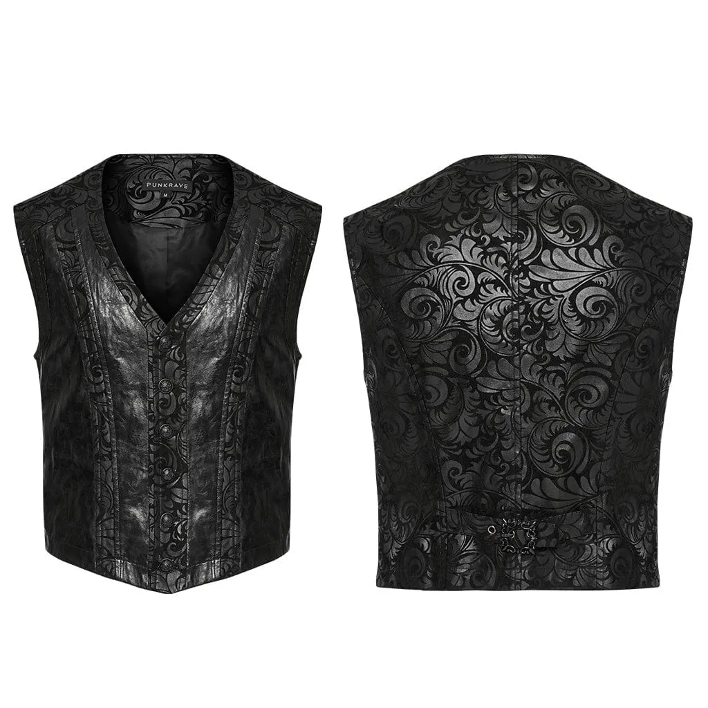 Herren Gothic V-Ausschnitt Blumenmuster Kunstleder-Weste
