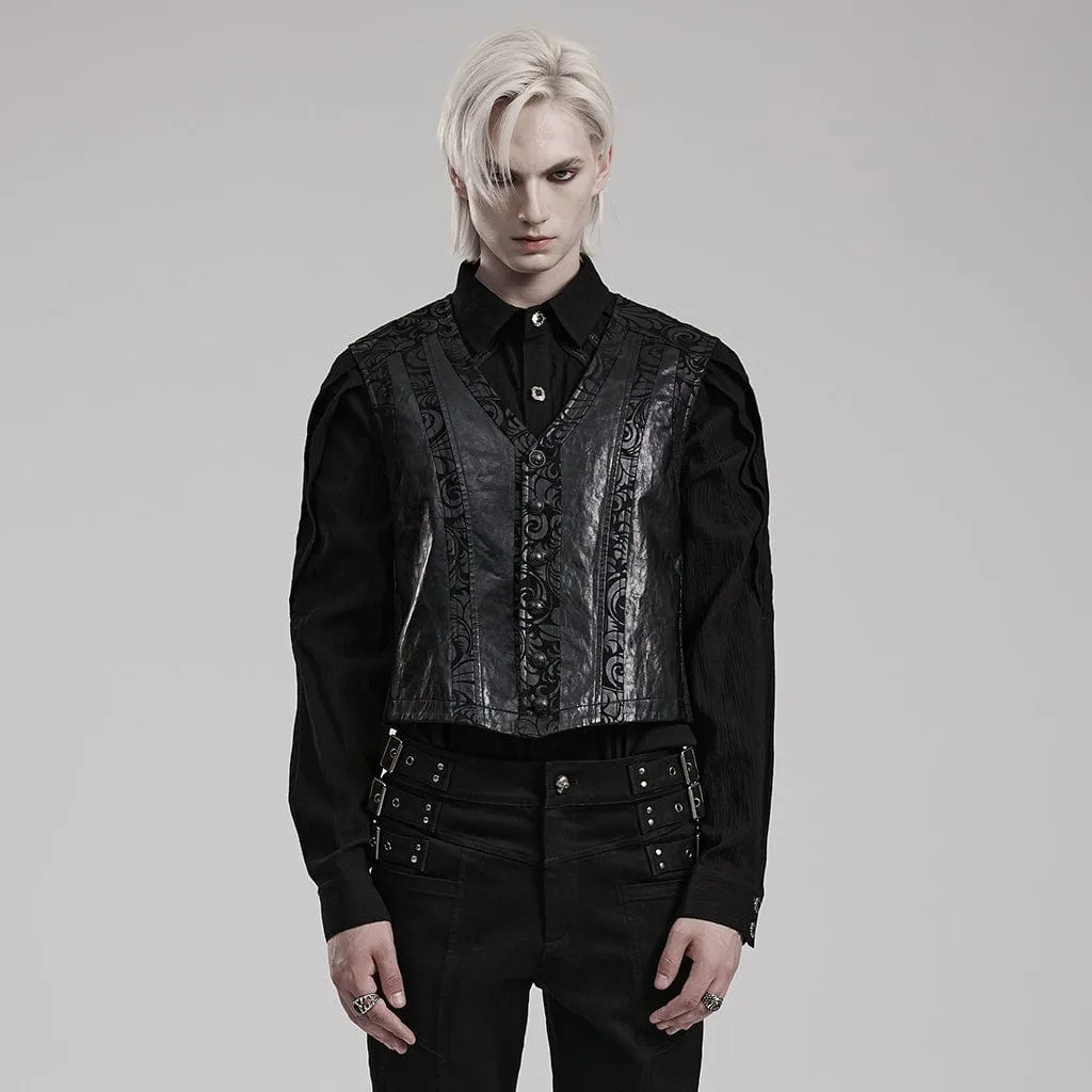 Herren Gothic V-Ausschnitt Blumenmuster Kunstleder-Weste