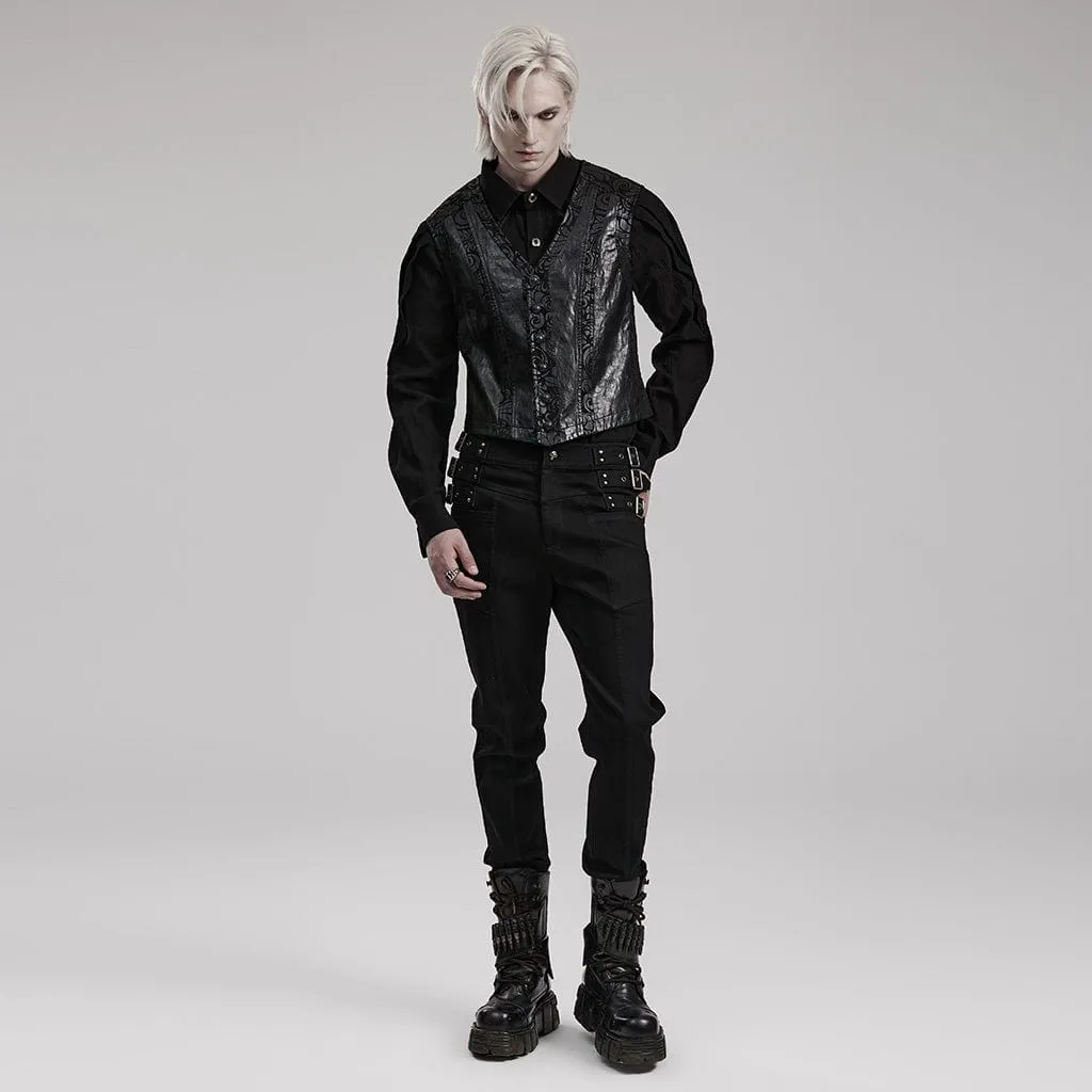 Herren Gothic V-Ausschnitt Blumenmuster Kunstleder-Weste
