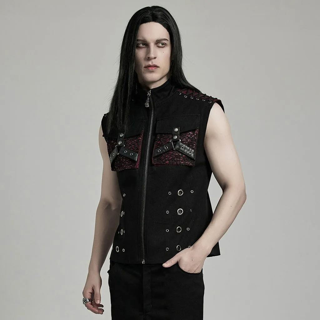 Herren-Punk-Vest aus Kunstleder mit großen Taschen in Schwarz-Rot