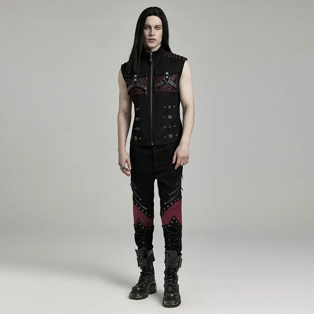 Herren-Punk-Vest aus Kunstleder mit großen Taschen in Schwarz-Rot