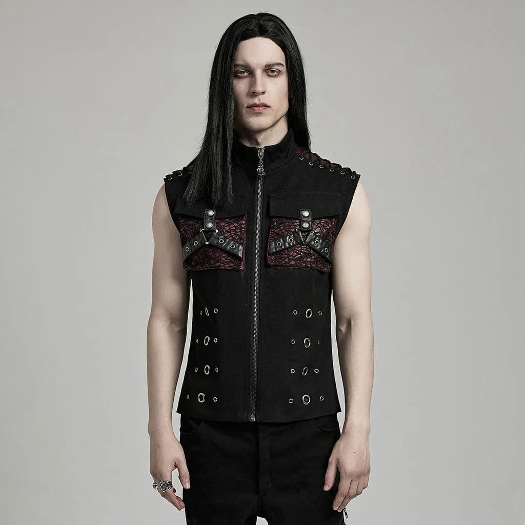 Herren-Punk-Vest aus Kunstleder mit großen Taschen in Schwarz-Rot