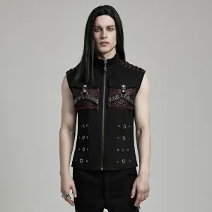 Herren-Punk-Vest aus Kunstleder mit großen Taschen in Schwarz-Rot