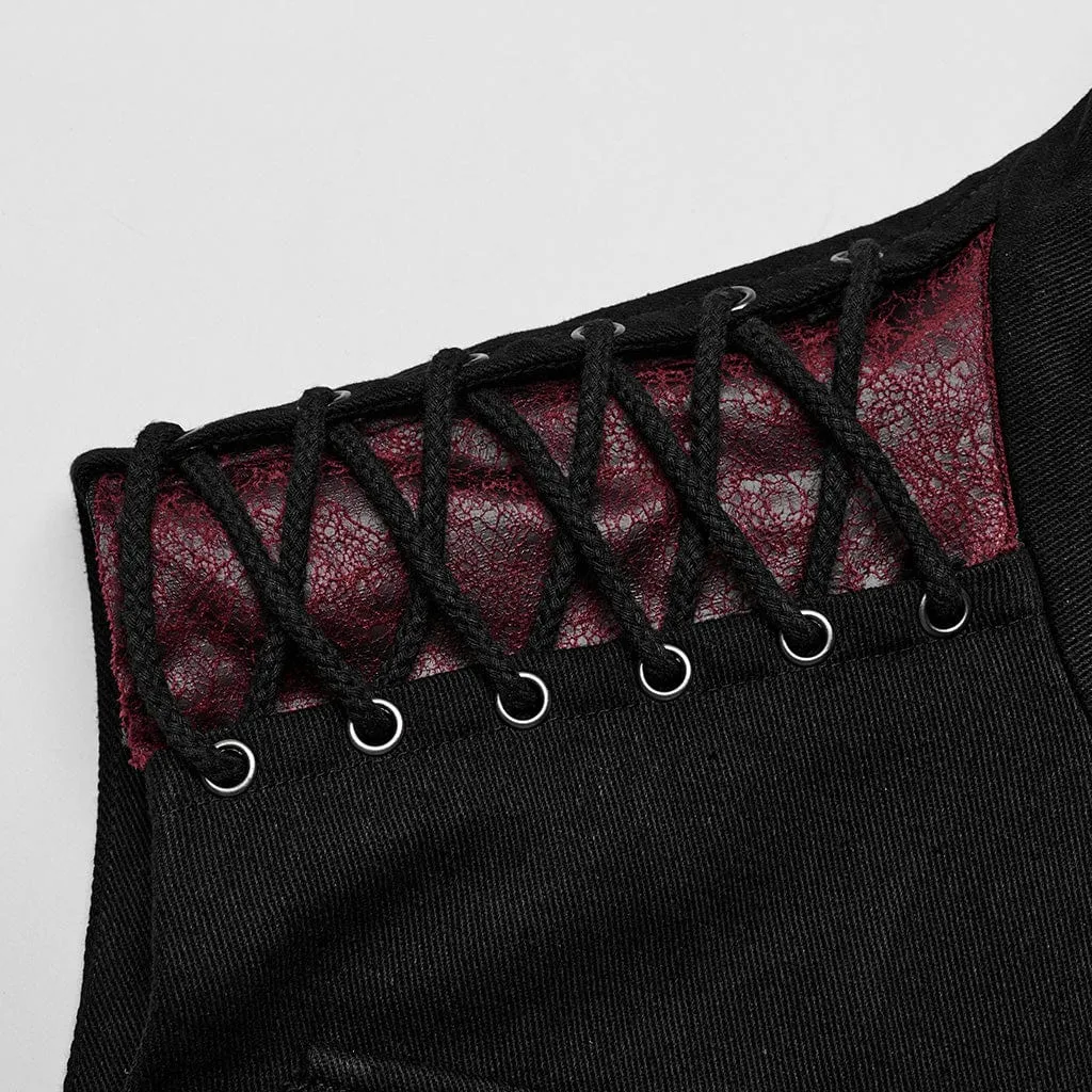 Herren-Punk-Vest aus Kunstleder mit großen Taschen in Schwarz-Rot