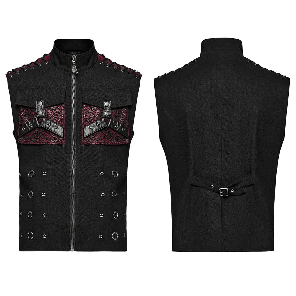 Herren-Punk-Vest aus Kunstleder mit großen Taschen in Schwarz-Rot