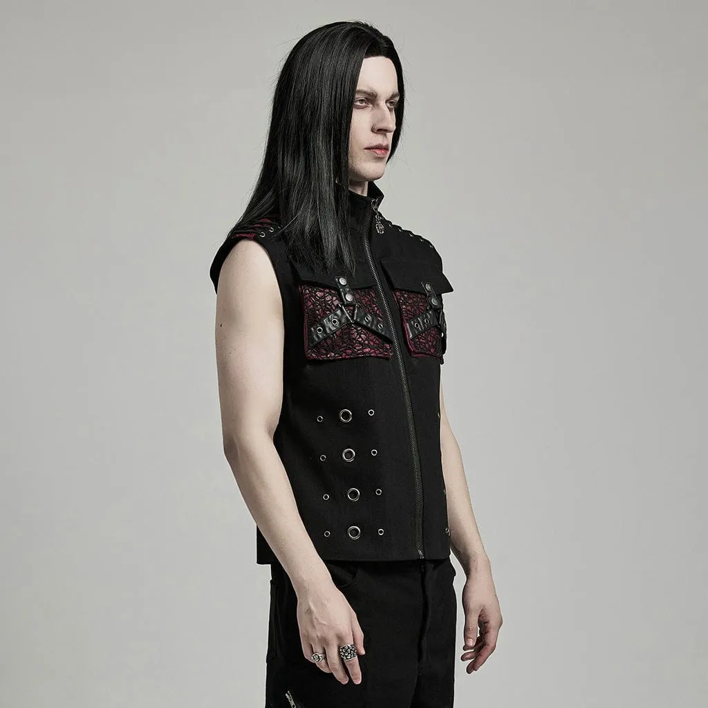Herren-Punk-Vest aus Kunstleder mit großen Taschen in Schwarz-Rot