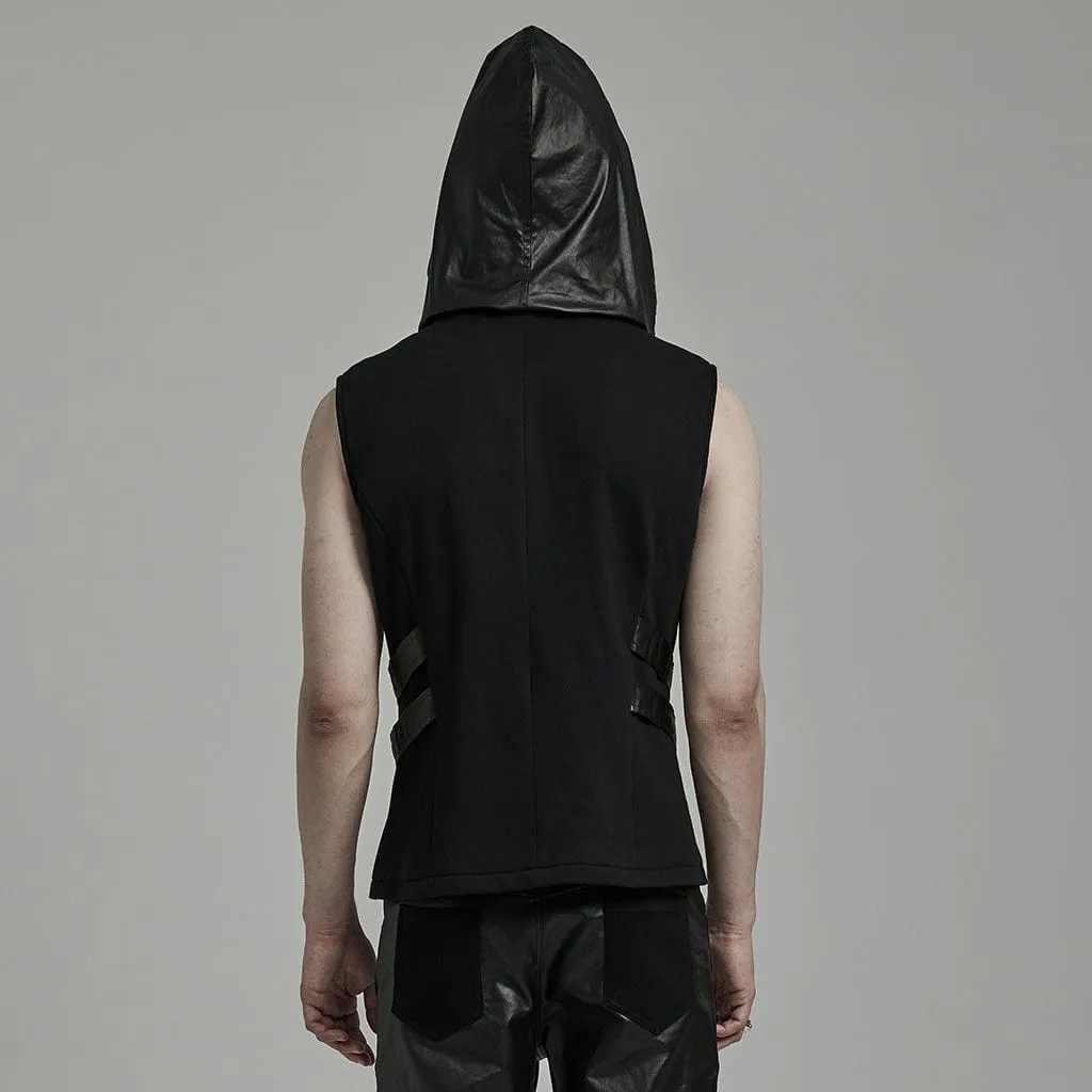 Herren Punk Mesh-Splice Kunstleder Weste mit Kapuze