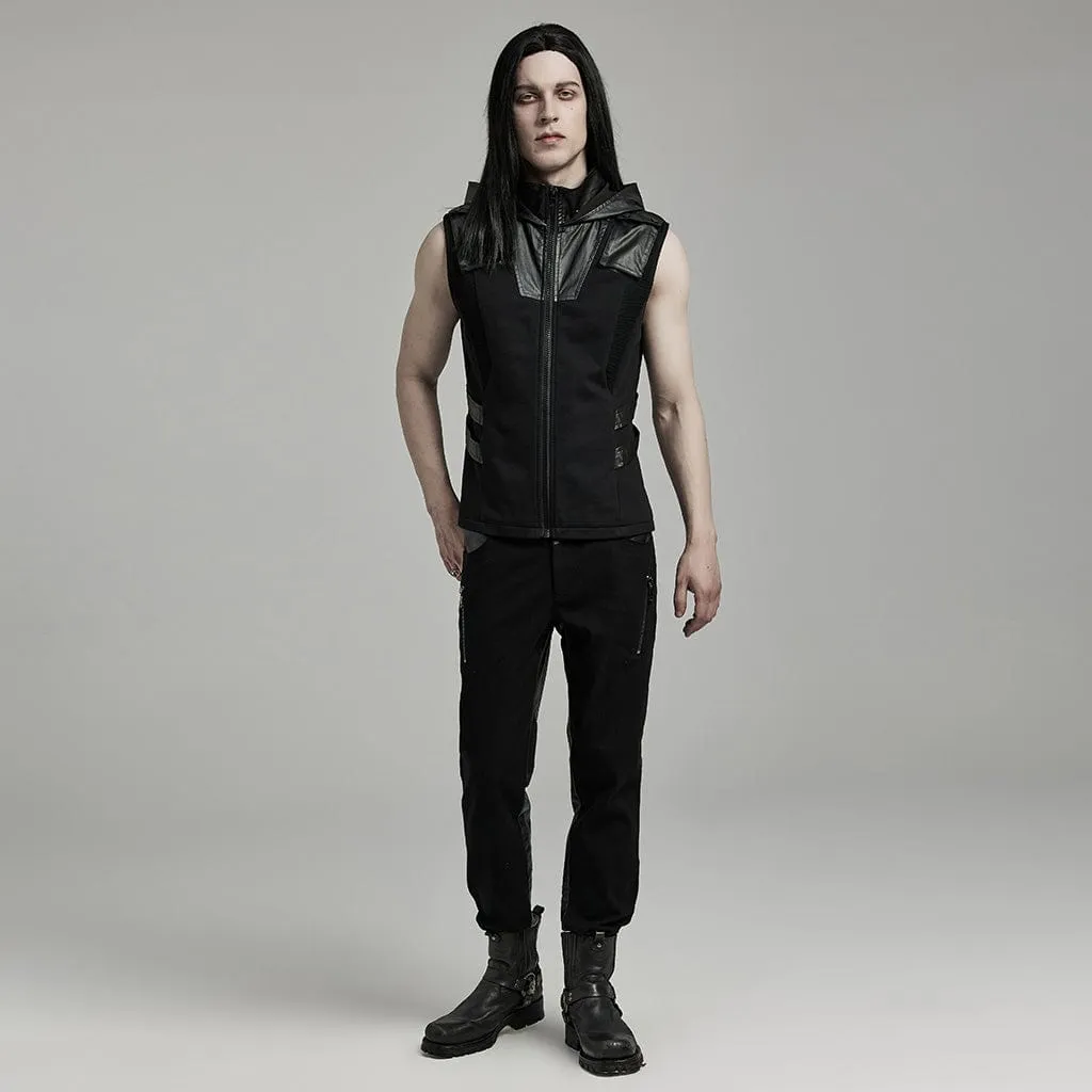 Herren Punk Mesh-Splice Kunstleder Weste mit Kapuze