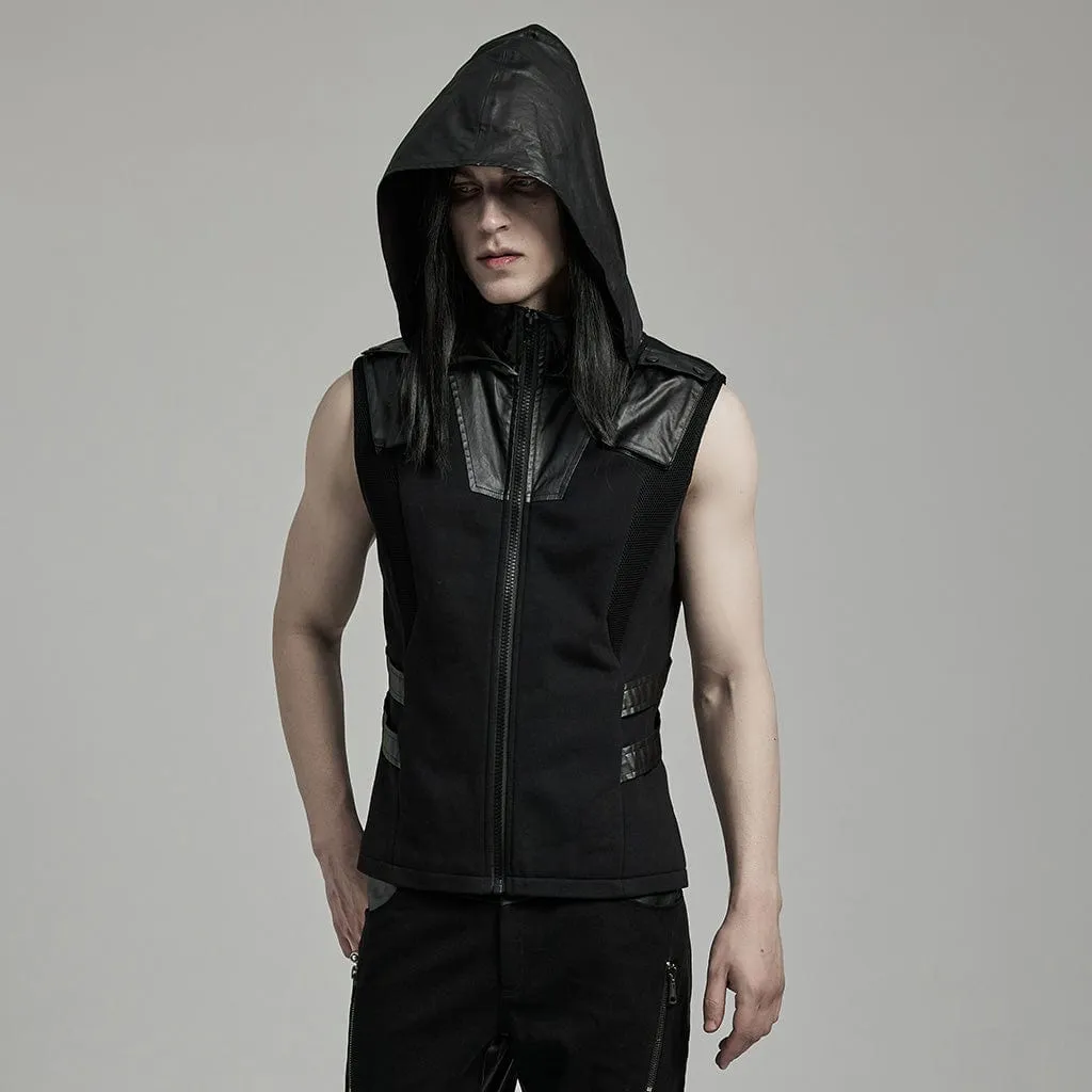 Herren Punk Mesh-Splice Kunstleder Weste mit Kapuze