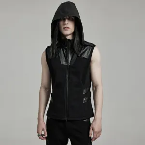 Herren Punk Mesh-Splice Kunstleder Weste mit Kapuze