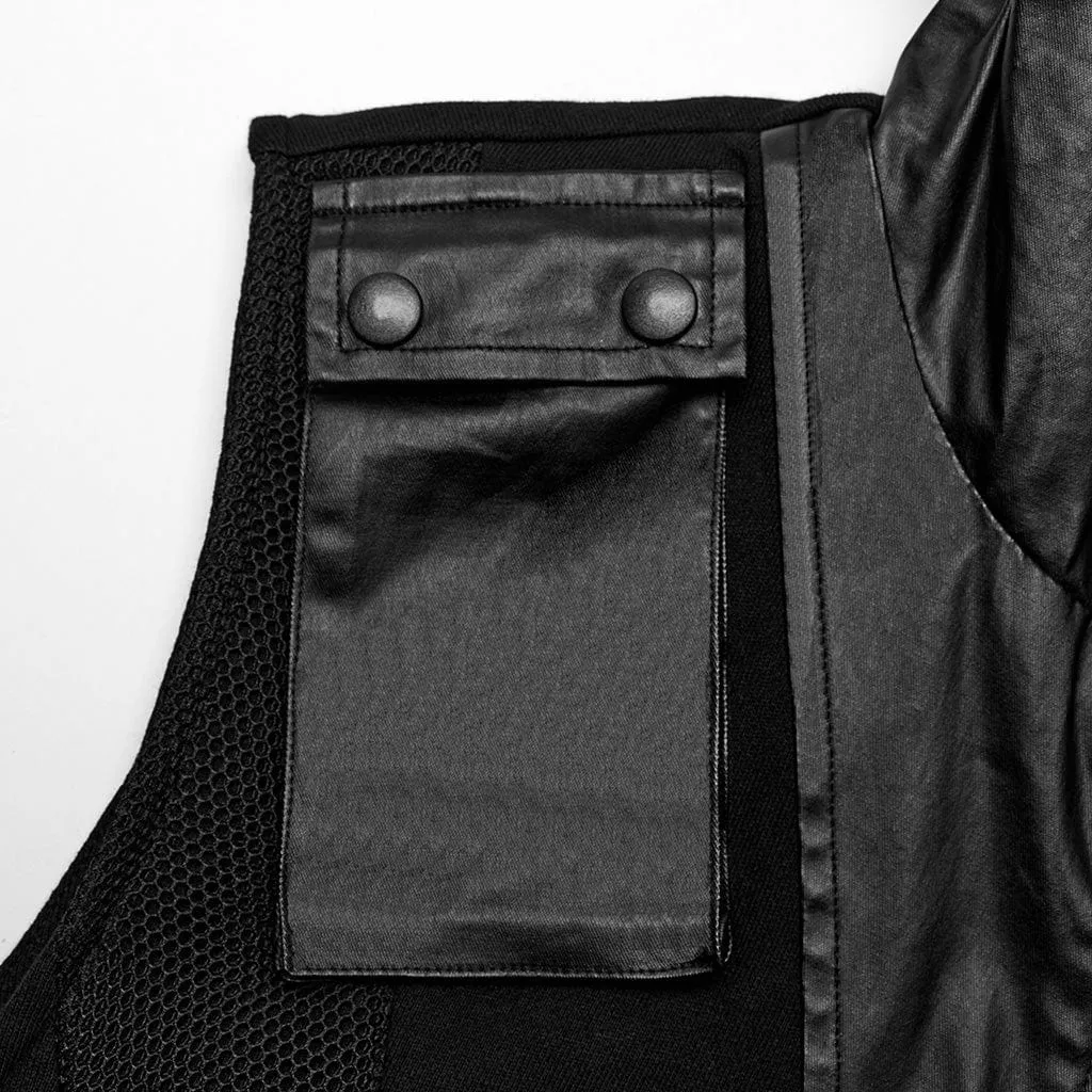 Herren Punk Mesh-Splice Kunstleder Weste mit Kapuze