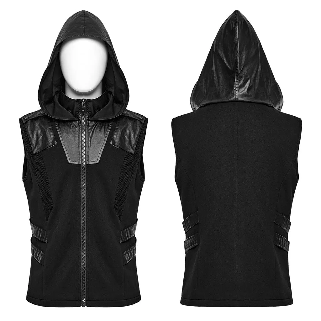 Herren Punk Mesh-Splice Kunstleder Weste mit Kapuze