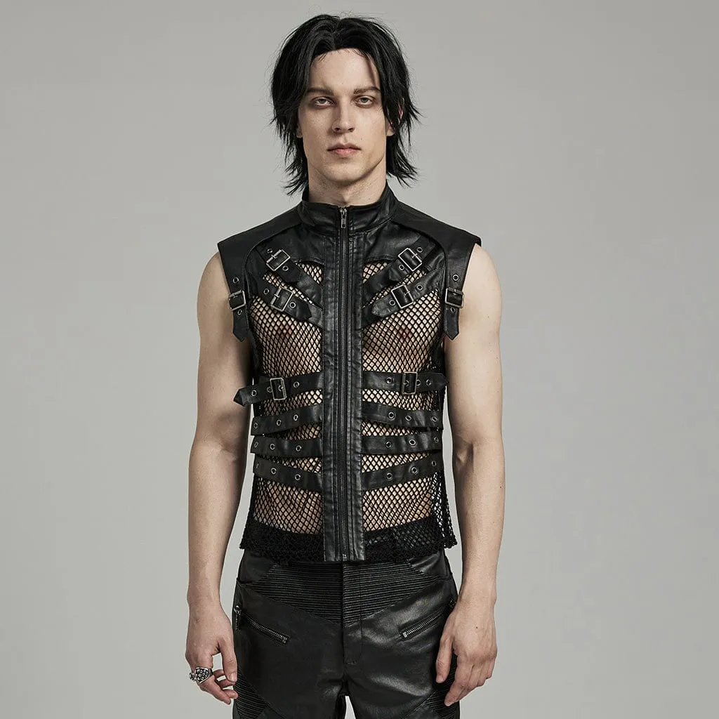 Herren Punk Rock Mesh-Vest mit Mehrfachverschlüssen und Kunstleder-Applikationen