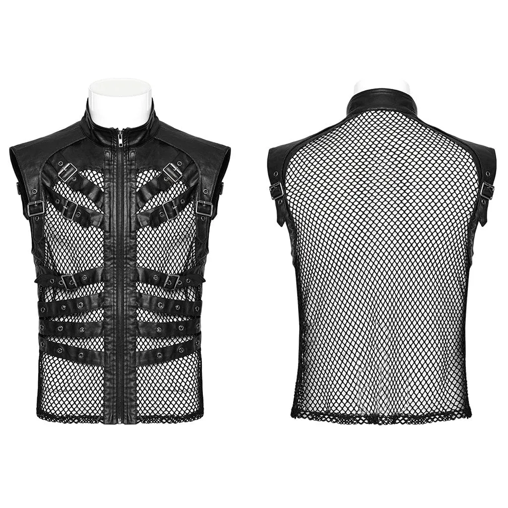 Herren Punk Rock Mesh-Vest mit Mehrfachverschlüssen und Kunstleder-Applikationen