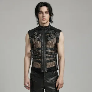Herren Punk Rock Mesh-Vest mit Mehrfachverschlüssen und Kunstleder-Applikationen