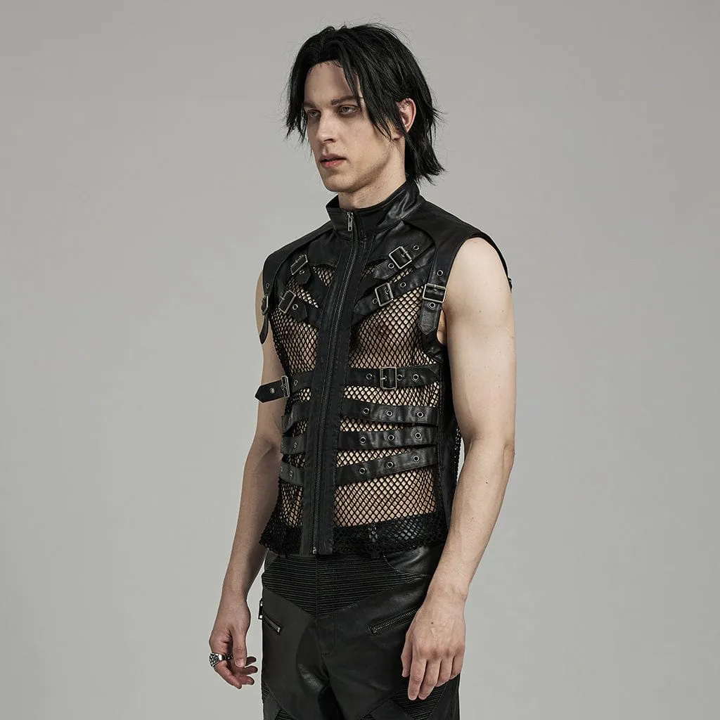 Herren Punk Rock Mesh-Vest mit Mehrfachverschlüssen und Kunstleder-Applikationen