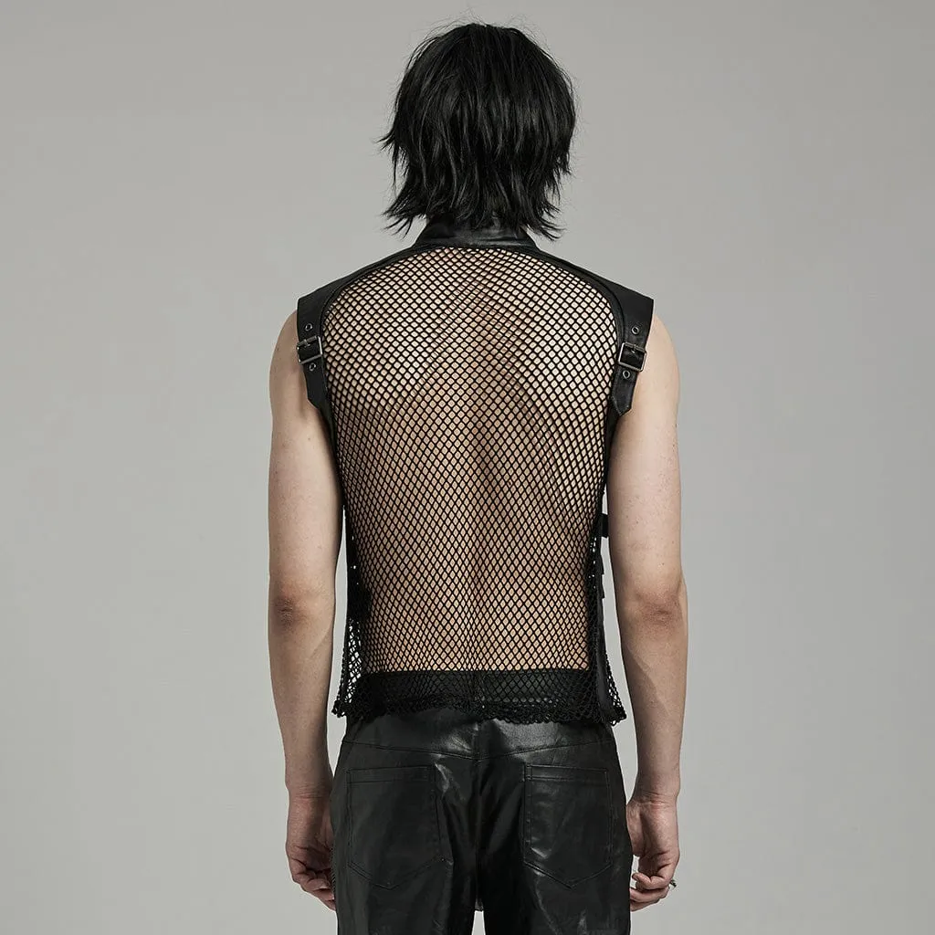 Herren Punk Rock Mesh-Vest mit Mehrfachverschlüssen und Kunstleder-Applikationen
