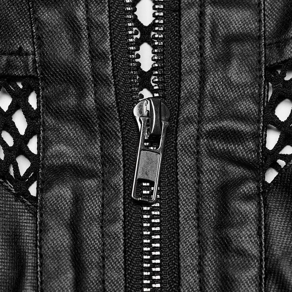 Herren Punk Rock Mesh-Vest mit Mehrfachverschlüssen und Kunstleder-Applikationen
